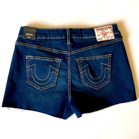 True Religion, Women's Dark Blue Jennie Mid Rise Raw Hem Jean Shorts Sz 29 - Picture 5 of 12